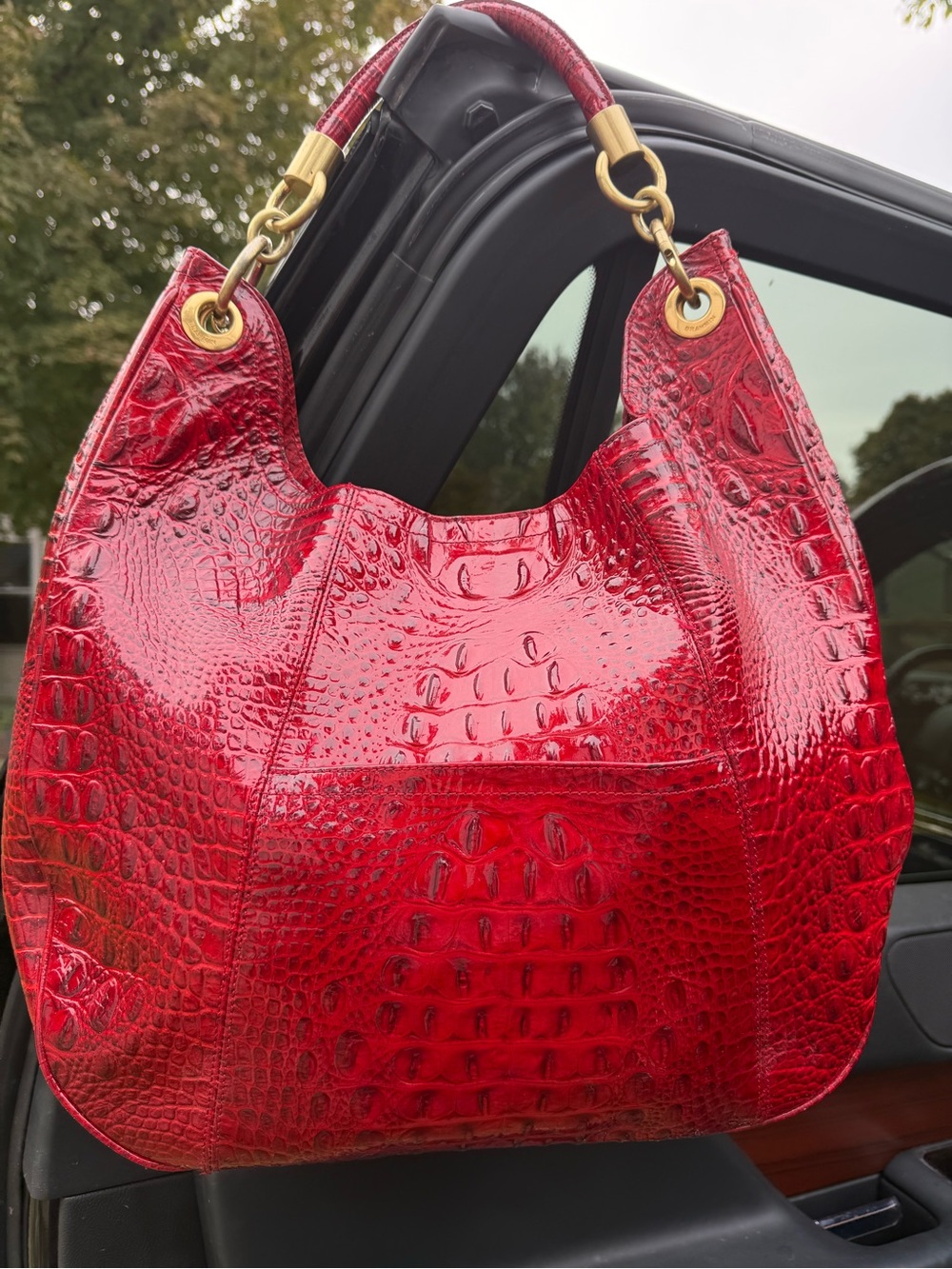 Brahmin Red Croc Embossed Leather Hobo Shoulder Bag Gold Hardware